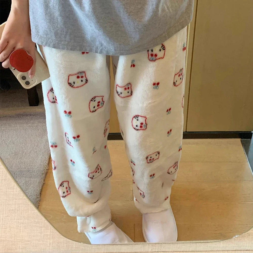 Cartoon Sanrioed Hello Kitty Plush Pajama Pants Women Flannel Trousers Anime Kawaii Cotton Winter Keep Warm Thicken Home Pants