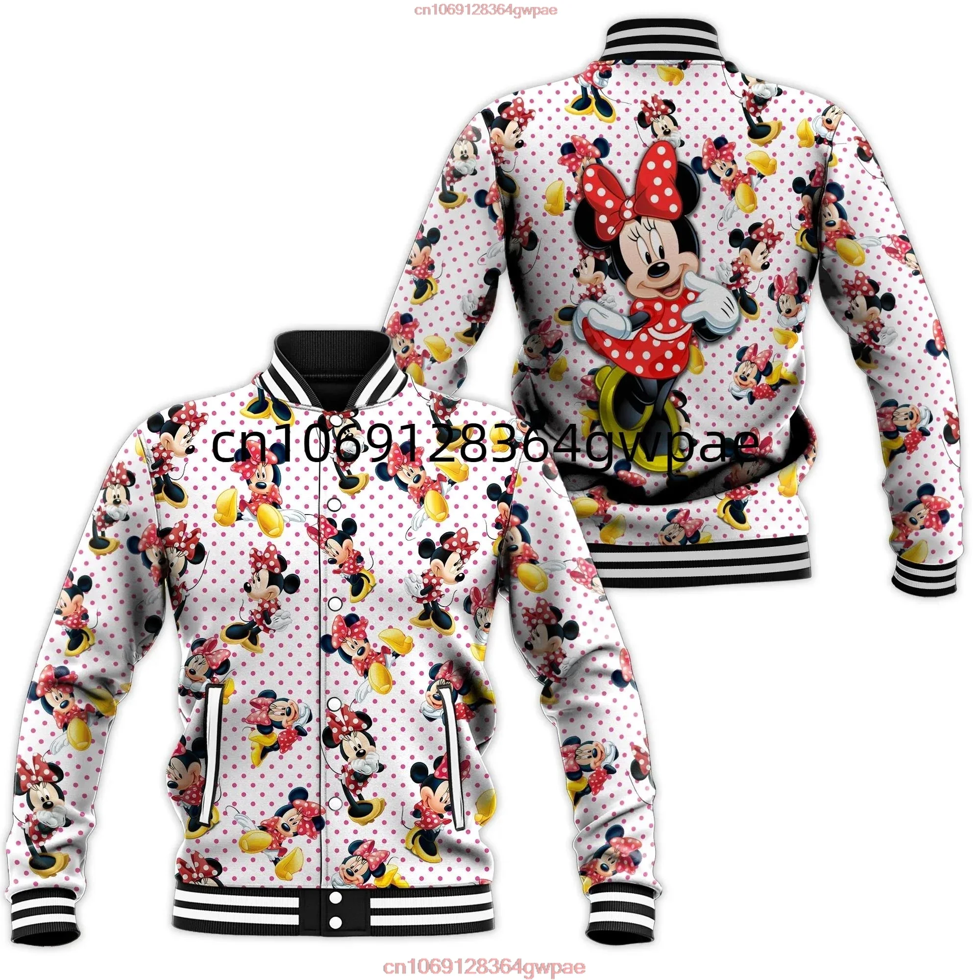 Disney Minnie Mouse Baseball Jacket Women's Casual Sweatshirt Hip Hop Harajuku Jacket Streetwear Loose Varsity Coat Hoodie