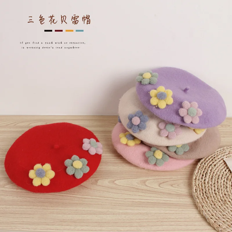 Kids Girls Berets Caps Three color flower Princess Floral Children 3D Flowers Beanies Hats Autumn Winter Warm Caps