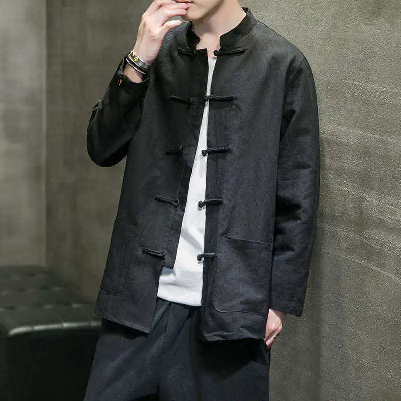 

Loose Fit Linen Cotton irt Men's Spring Autumn Chinese Sle Long Sve Retro Wind Clothing Upper Body Ci Walk PU Leather