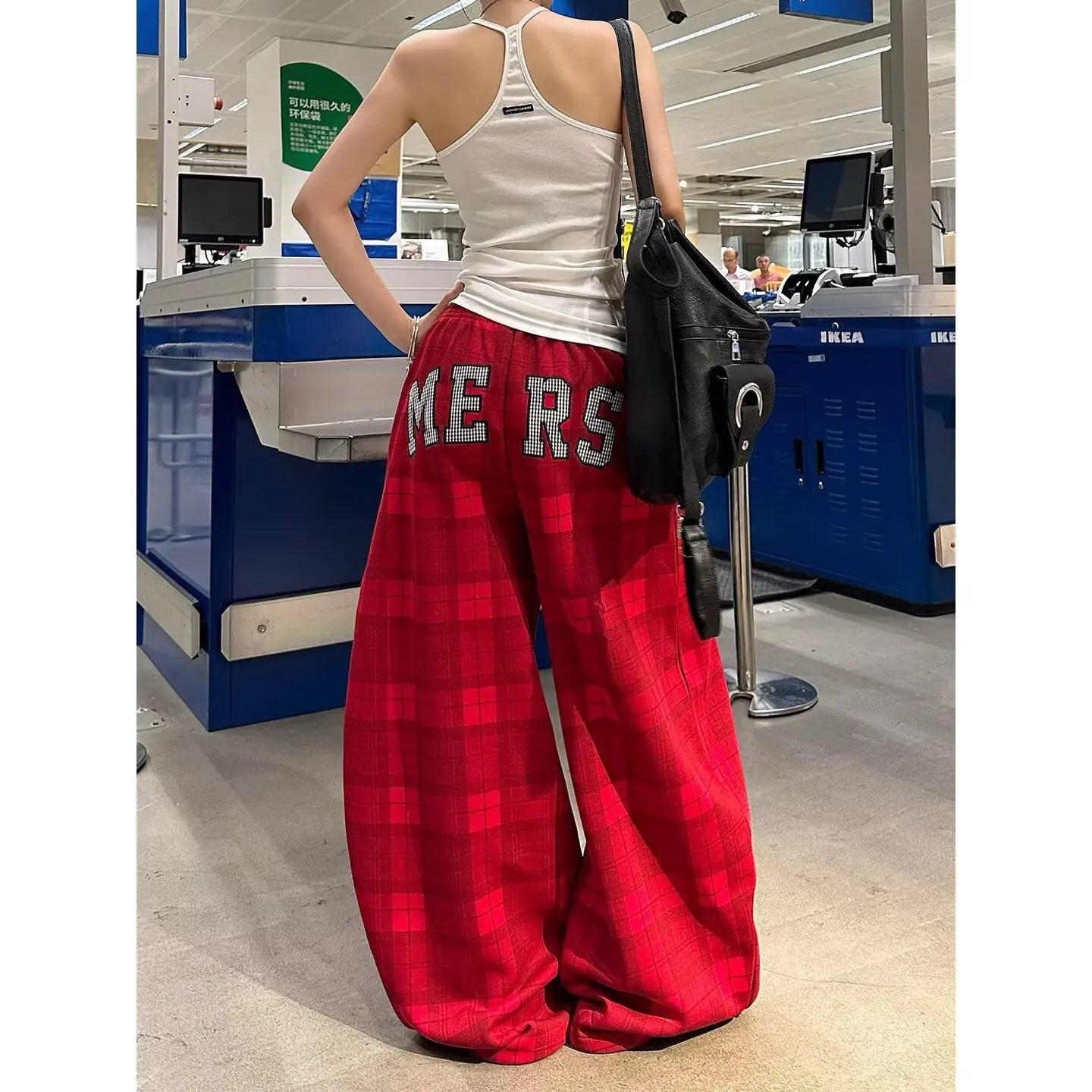 American New Red Plaid Oversized Casual Trousers Women High Street Fashion Clothing Harajuku Y2K Fashion Straight Wide-leg Pants
