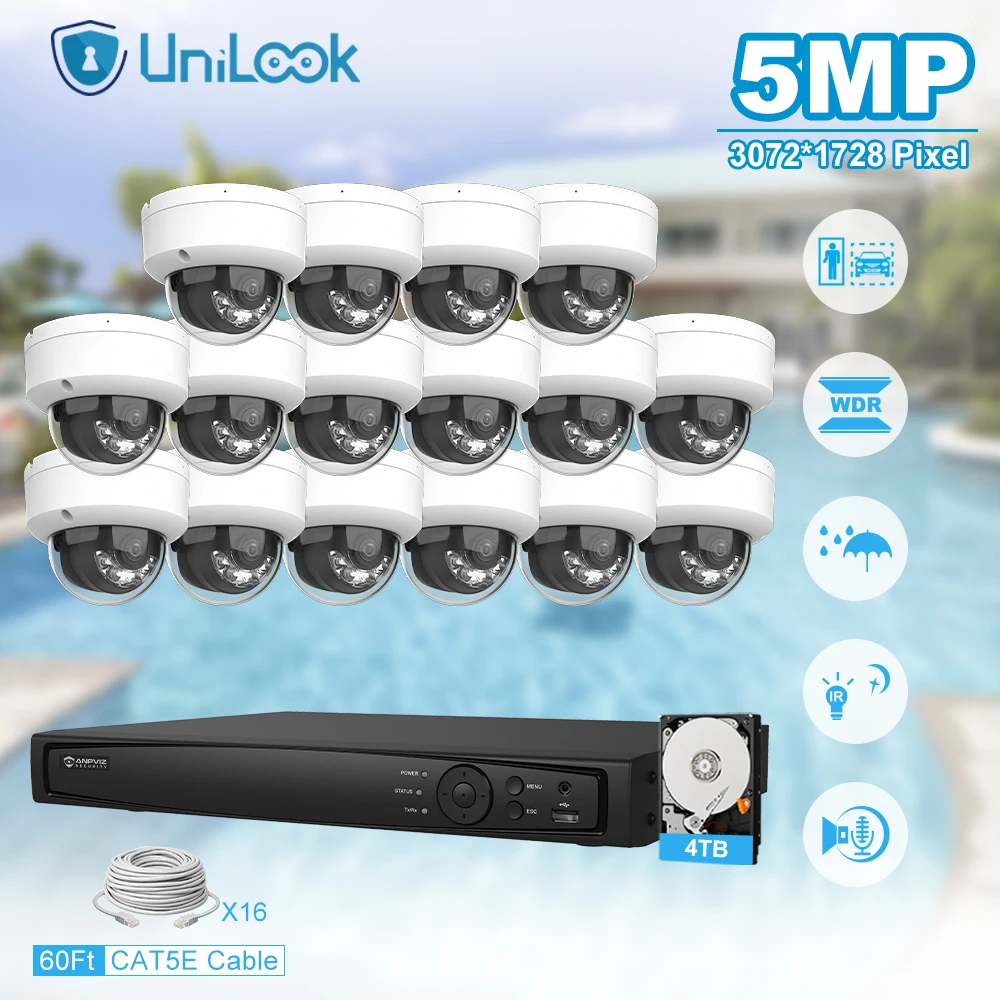 Unilook-Kit de système de caméra IP pour touristes intelligents, protection de sécurité, 16 caméras IP, intérieur, 16 canaux, NVR, CCTV, 5MP