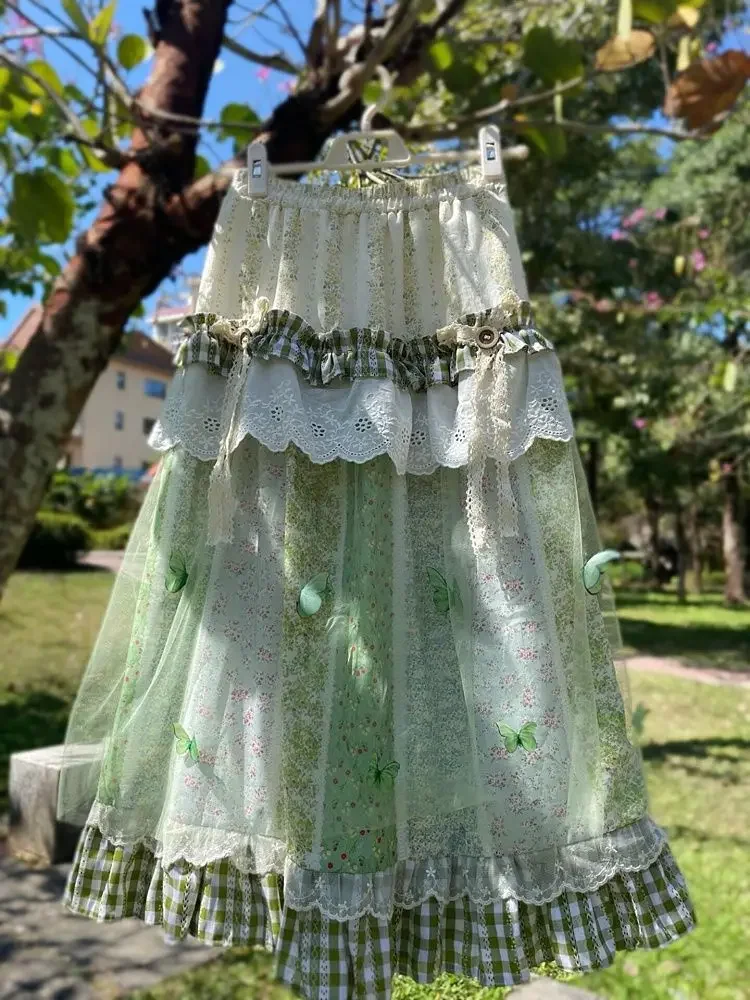 

Spring Autumn Floral Long Japanese Style Sweet Women Skirt Elegant Elastic High Waist Ruffles A-line Midi Vintage Casual Skirts
