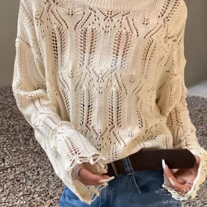 

2025 Новый свитер с круглым вырезом, полая свободная универсальная рубашка с длинными рукавами, вязаный топ