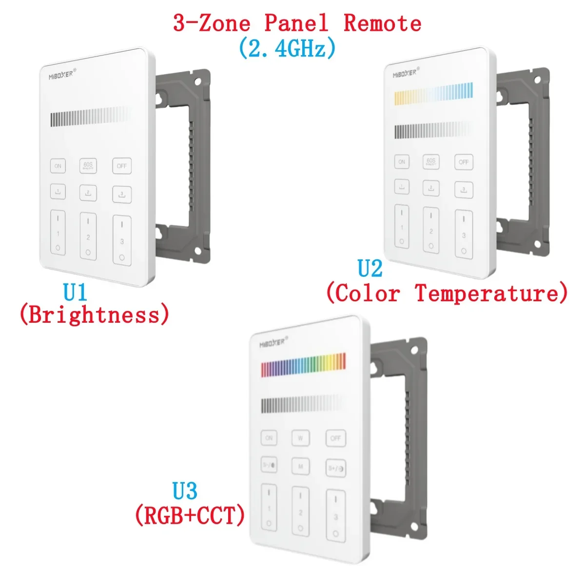 

NEW MIBOXER U1/U2 /U3 3-Zone Panel Remote 2.4GHz Glass Touch controller for Brightness/Color Temperature/ RGB+CCT led strip