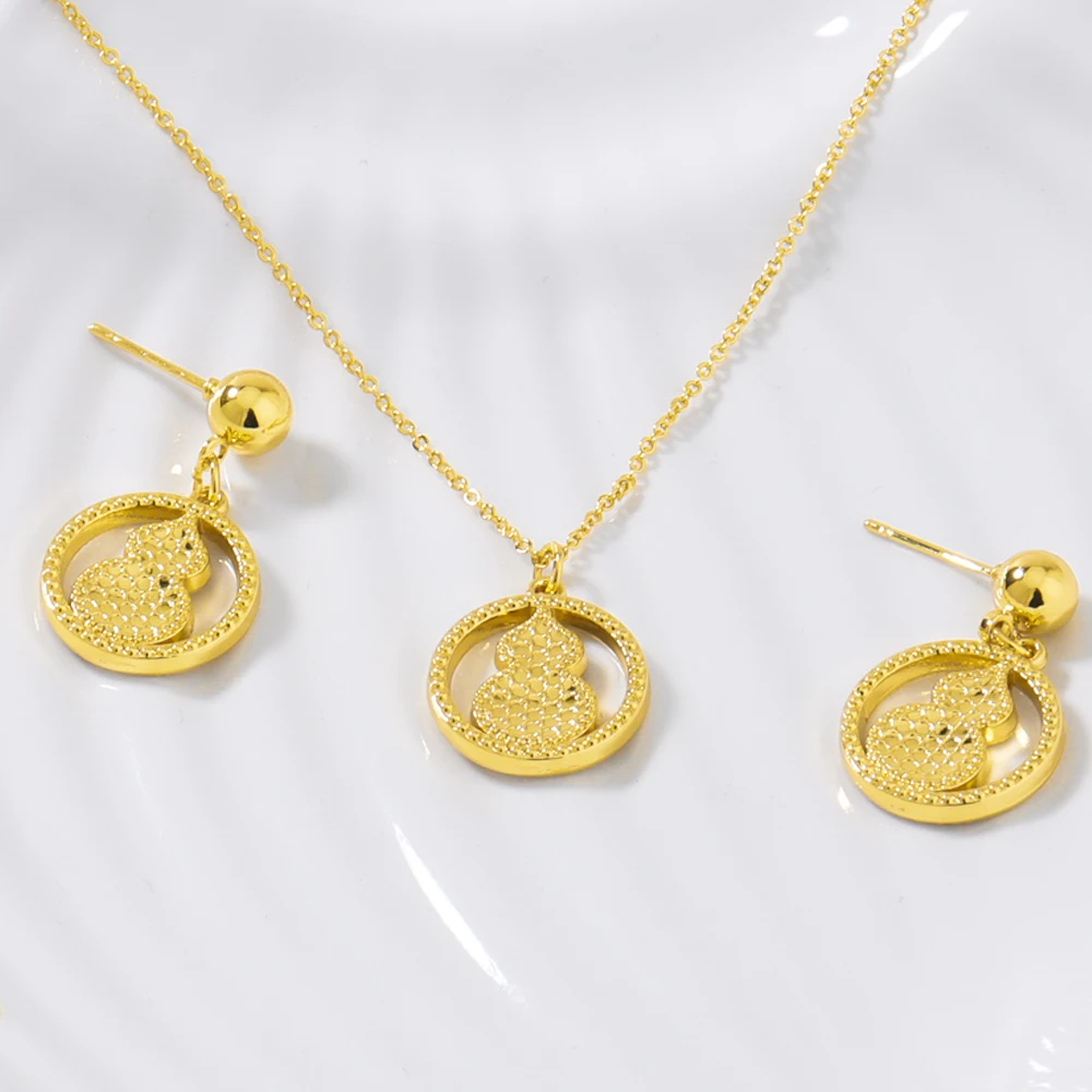 

Gold Plated Women Earrings Clavicle Chain Set Gold Color Hollow Calabash Shape Pendant Light Delicacy Jewelry Party Birthday Gif