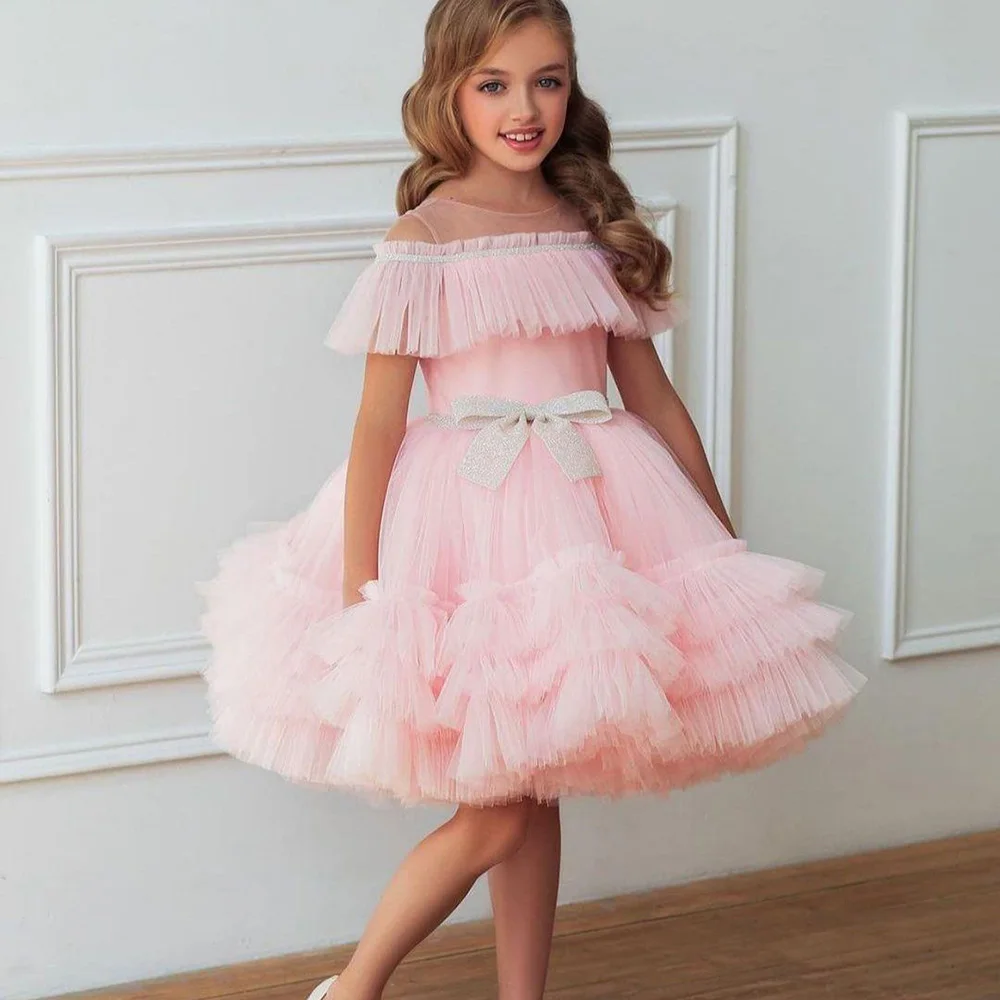 Cute Sheer Sleeves Pink Kid's Party Dress A-line Tiered Tulle Knee Length Flower Girl Dresses with Bow Junior Bridesmaid Wear