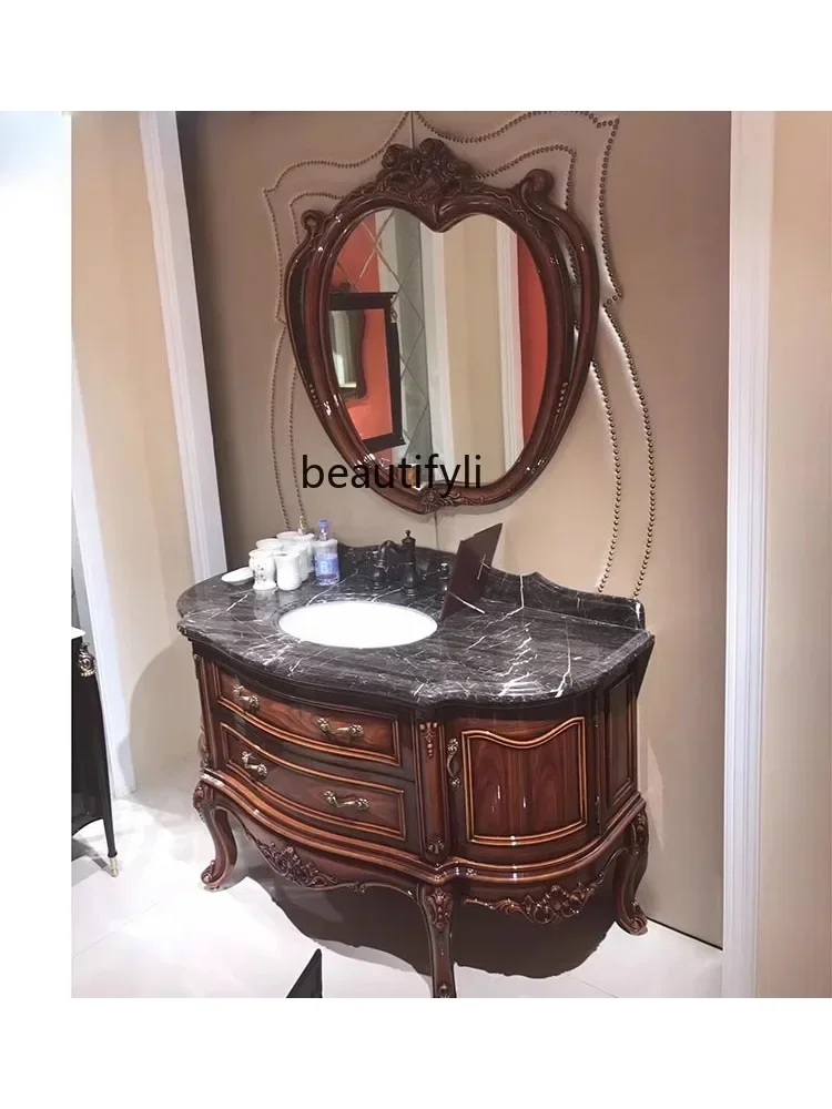 Luxury European-Style Bathroom Cabinet Solid Wood Washbasin Bathroom Cabinet Marble Wash Inter-Platform Basin Floor-Standing