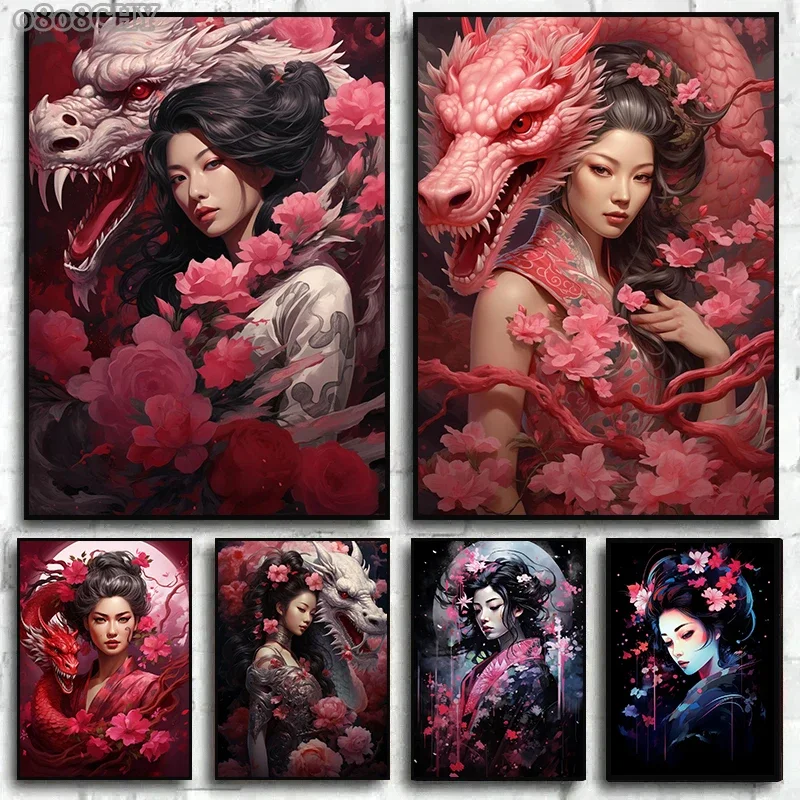 Japanese Dragon Geisha Art Poster Canvas Wall Art Paintings Elegance of Geisha Pictures Wall Art Mural for Home Room Decorati