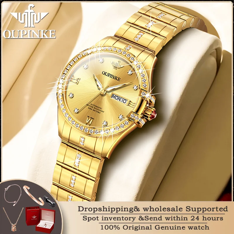 

OUPINKE 3195 Luxury Movement Women's Automatic Mechanical Watch Waterproof Double Calendar Dress Watch Diamond Bracelet Gift Box