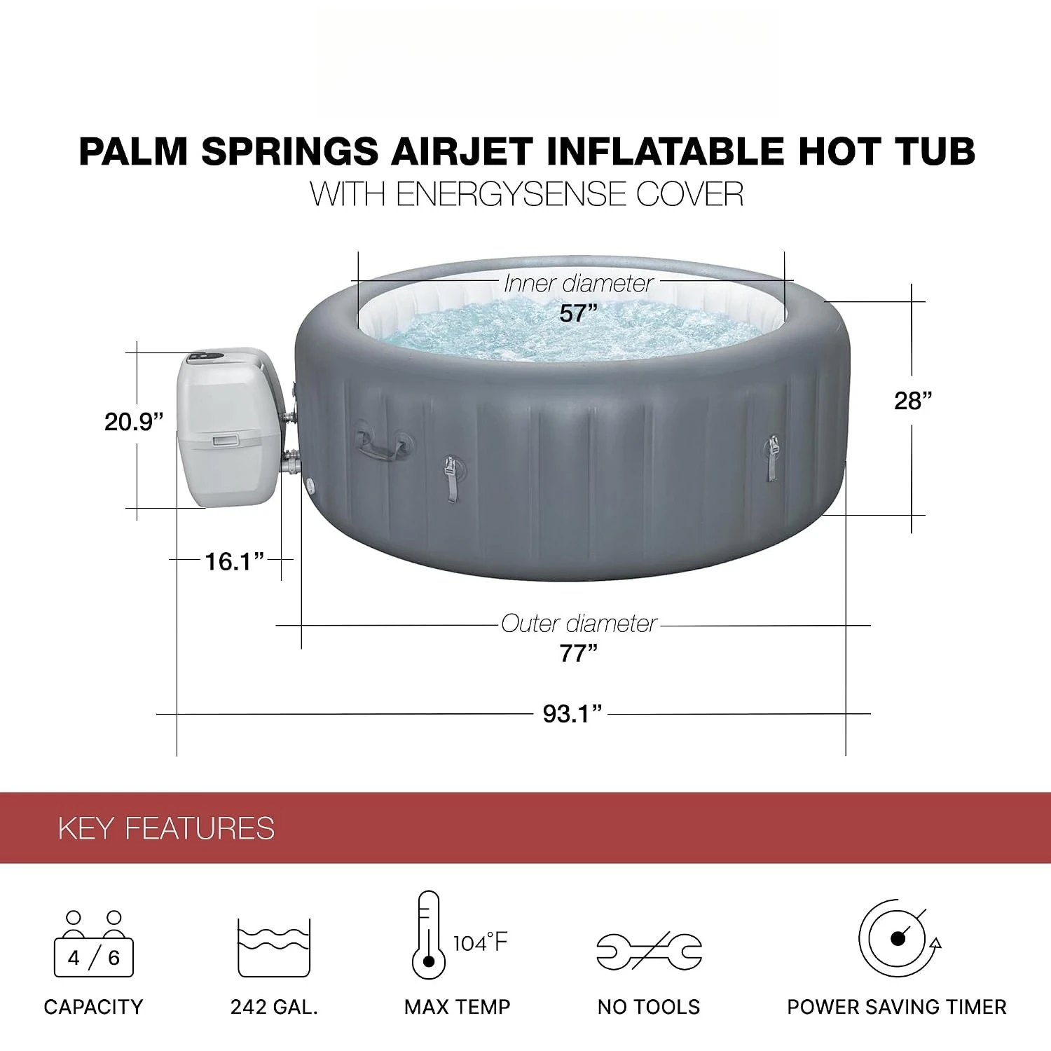 Energy-Efficient AirJet 4-6 Person Inflatable Hot Tub | Palm Springs Portable Outdoor Spa, EnergySense, Custom