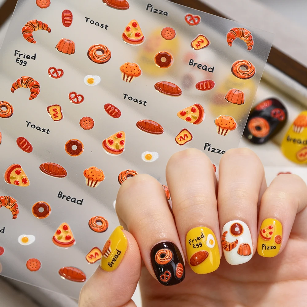 5D Cute bread food design Nail stickers embossed Pizza/donuts/grilled sausage/cake shape Nail decals DIY Cute manicure decoratio