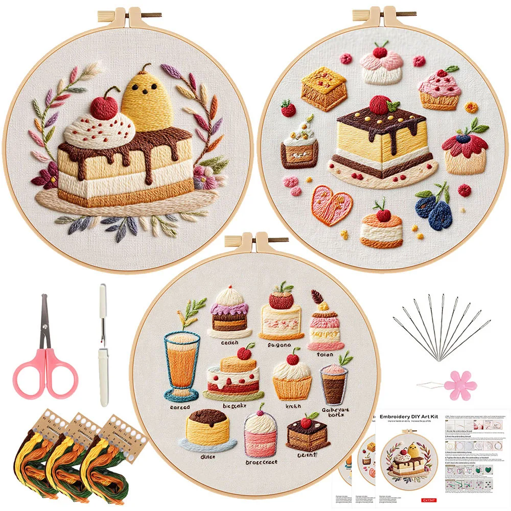 

DIY Embroidery Cake Food Printed Canvas Cross Stitch Kits Complete Handmade Craft Set For Beginners Needlework Home Decoration