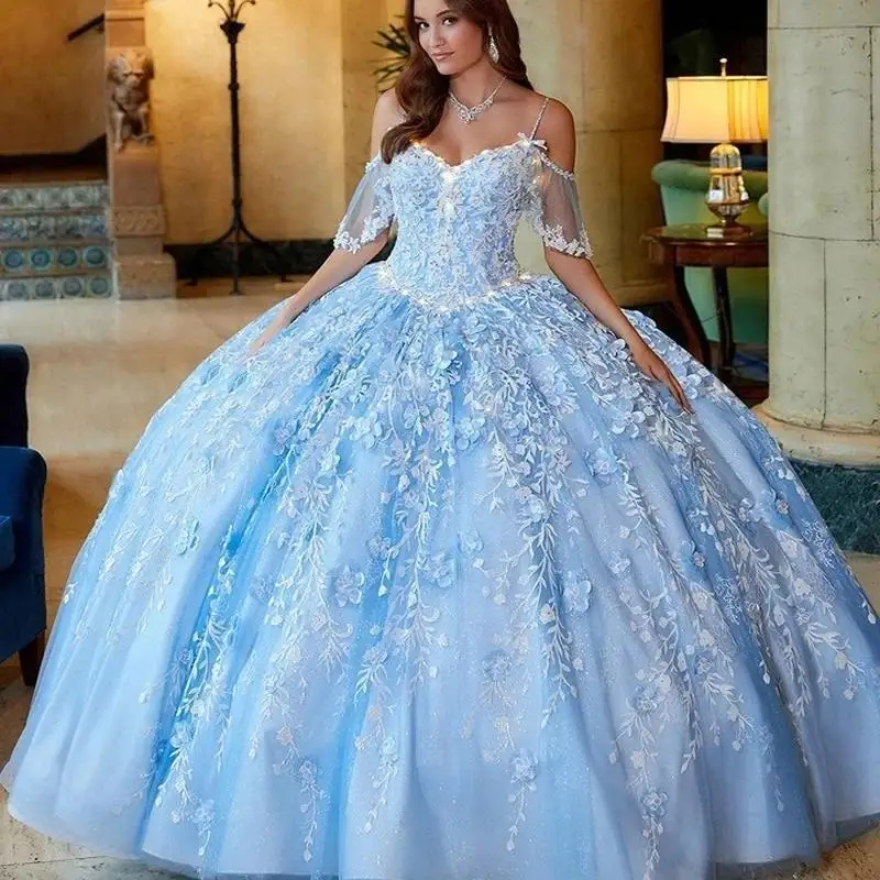 

Sky Blue Shiny Ball Gown Quinceanera Dresses Applique Lace Beads Vestidos De 15 Anos Off-Shoulder Sweet 16 Princess Party Gown