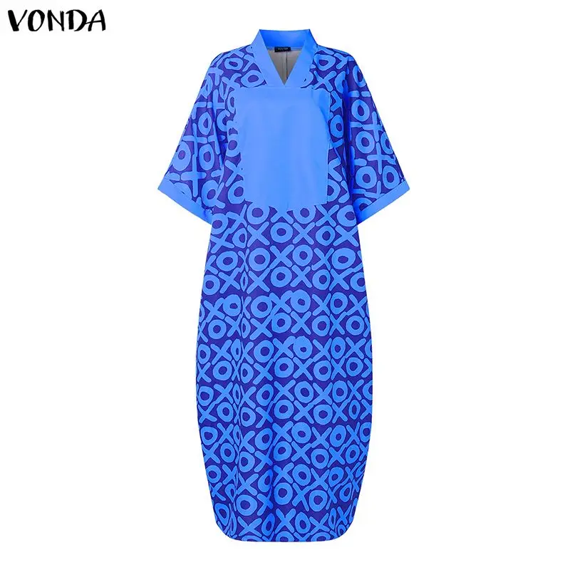 

Платье VONDA больших размеров 5XL, винтажное, с принтом, рукав 3/4, повседневное, с V-образным вырезом, в богемном стиле, макси-сарафан, модное длинное платье-рубашка 2026 года