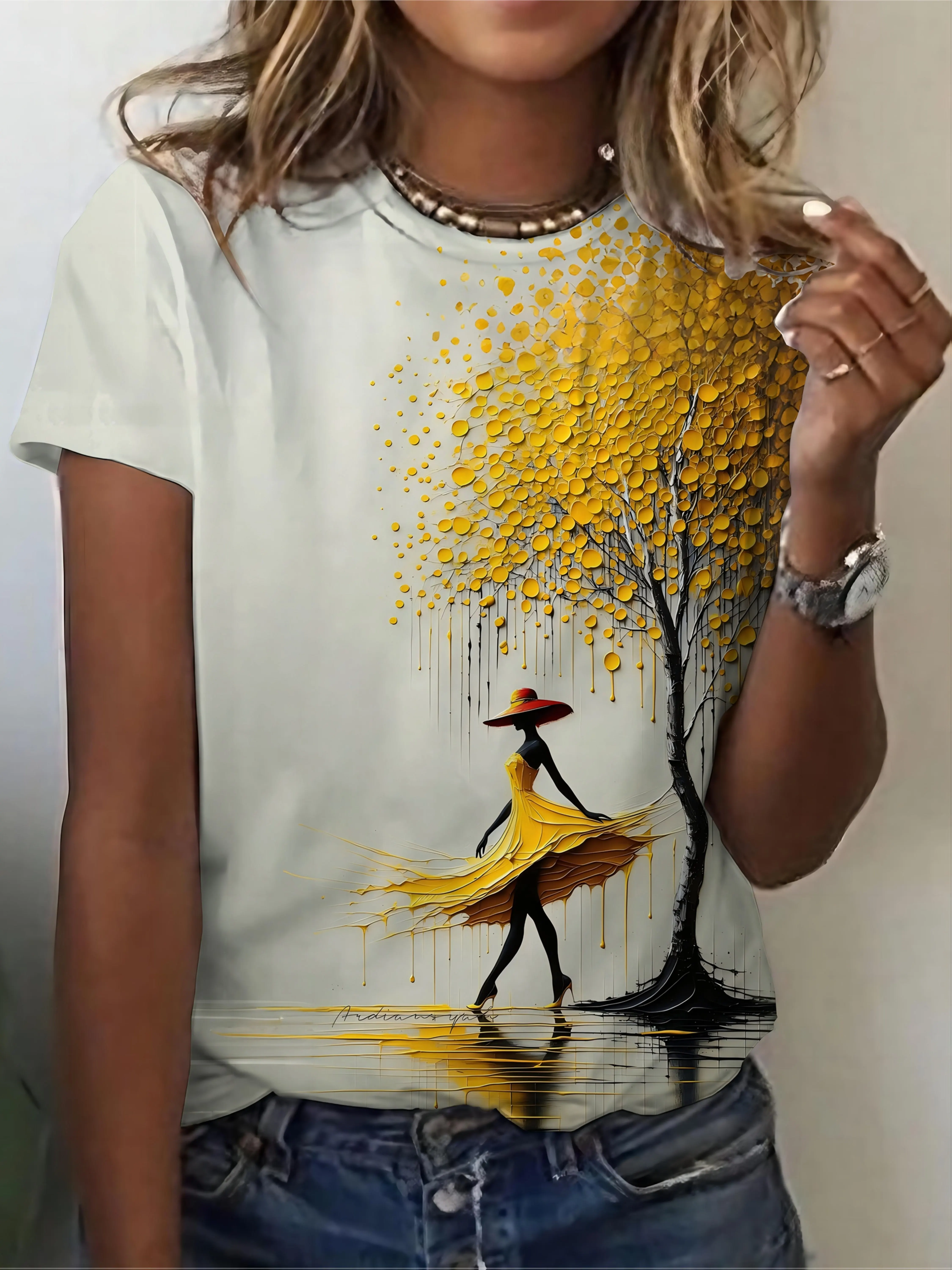 Women Crew Neck T-shirt Art Painting Lady Golden Tree Reflection Print Short Sleeve Casual Summer Top