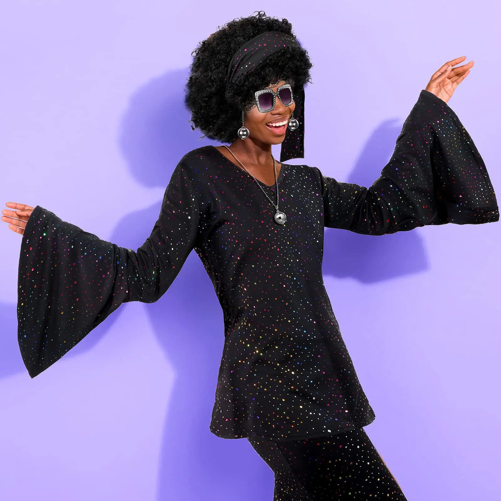 Déguisement Disco Années 70 Femme Complet – Haut, Pantalon, Lunettes, Bijoux et Perruque – photo 4