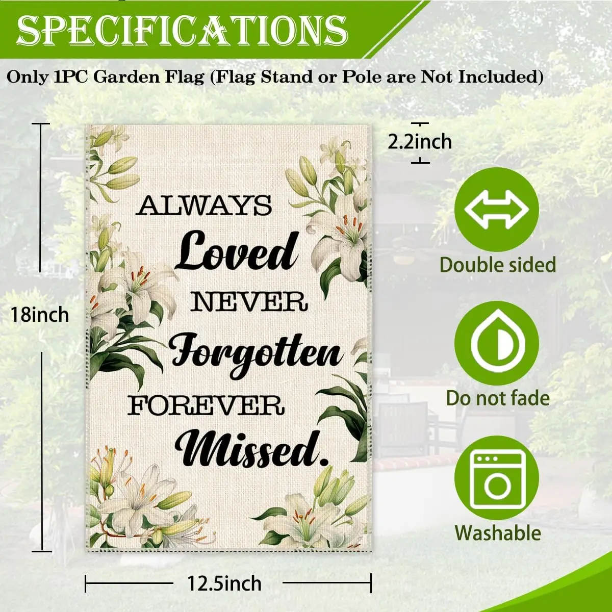 Always Loved Never Forgotten Forever Missed Garden Flag, 12x18 Inch Double Sided Farmhouse Yard Lawn Decoration