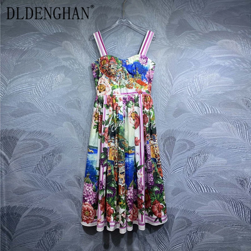 

DLDENGHAN Summer Cotton Backless Dress Women's Spaghetti Strap Floral Print High Waist Beach Style Dresses Fashion Designer