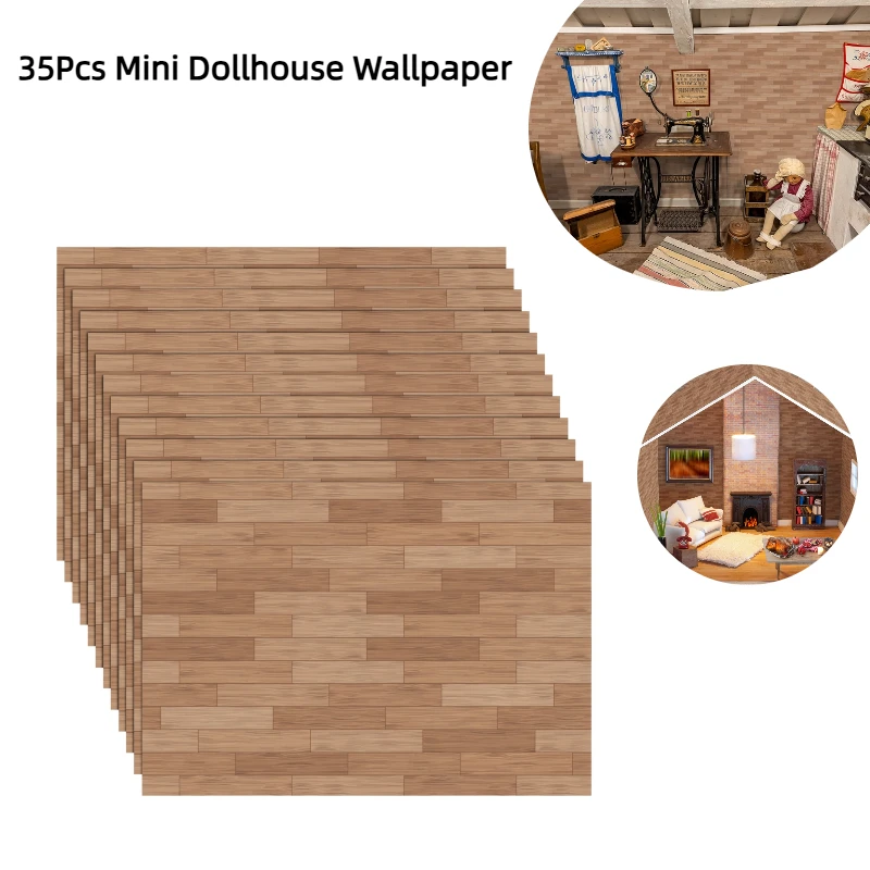 

35 Pcs Miniature Dollhouse Wallpaper Self-Adhesive Mini DIY Floorboards Wall Paper Real Life DIY Decoration For Dollhouse(Brown)