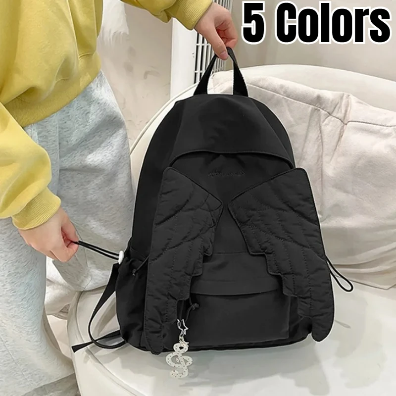 Cute Angel Wings Quilted Nylon Backpack Fashion Embroidered Casual School Bag Spacious Lightweight for Daily Travel
