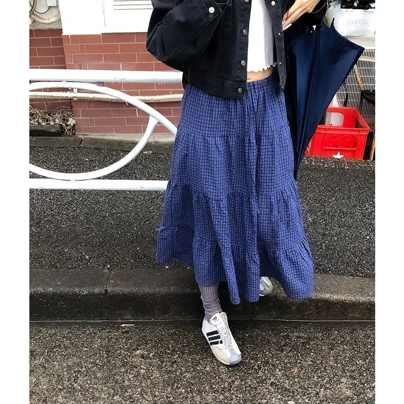 

Sweet Fre Корейский Dongdaemun Летняя клетчатая юбка со свободной талией Длинная юбка ort f Юбка-торт Нежная повседневная одежда