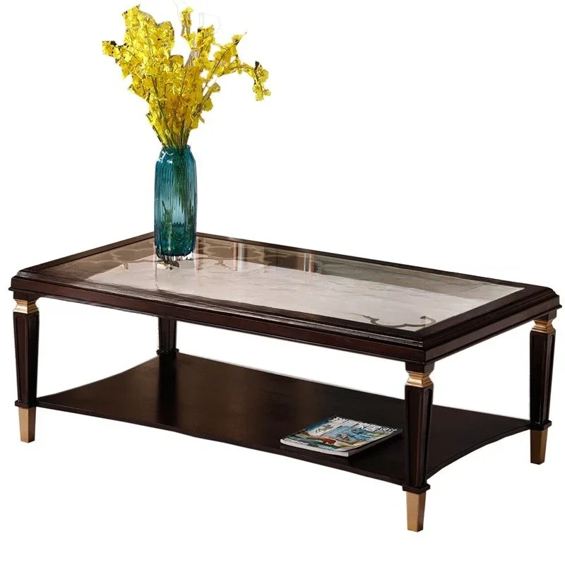 American light luxury solid wood coffee table, model room creative hollow rectangular glass edge table