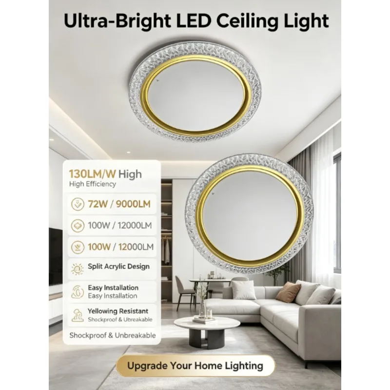 Modern Led Ceiling Light Round Fixture With Gold Ring And Crystal Texture For Living Room Bedroom Elegant Home Lighting Decor