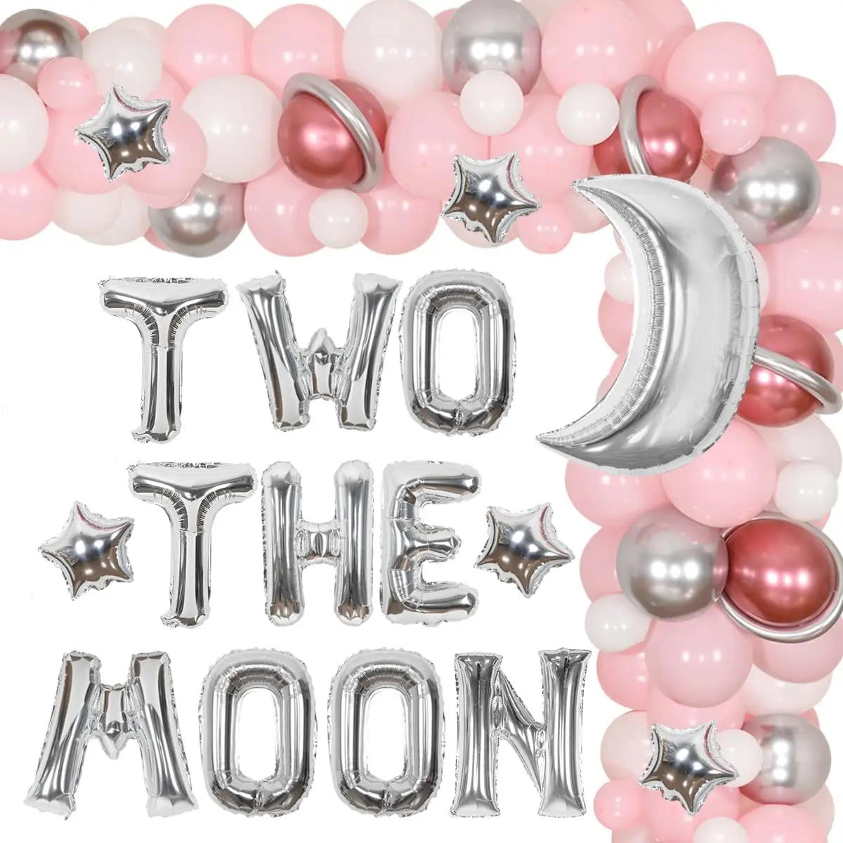 

Sursurprise-Space 2nd Birthday Party Decorations, Pink Balloon Garland Kit for Girls, Moon Star Balloons, Party Sup