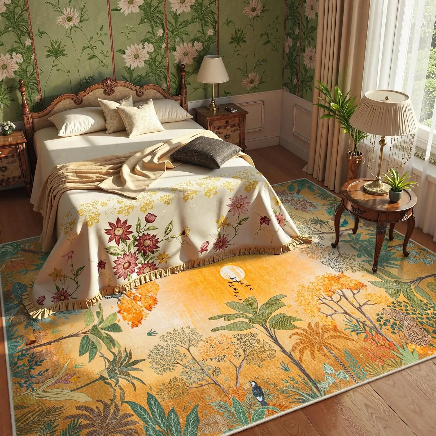 

Green Living Room Carpet Large Machine Washable Rug Bedroom Bedside Floor Mat Four Seasons Jungle Style Home Decoration Rugs