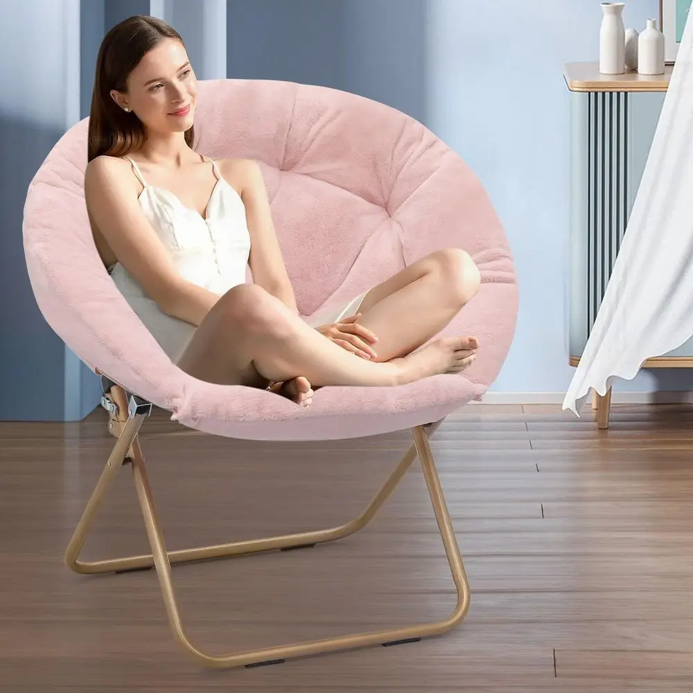 

Round Folding Faux Fur Saucer Chair For Bedroom Living Room Dorm Foldable Metal Frame Oversized Large Comfy Furry Padded Soft L