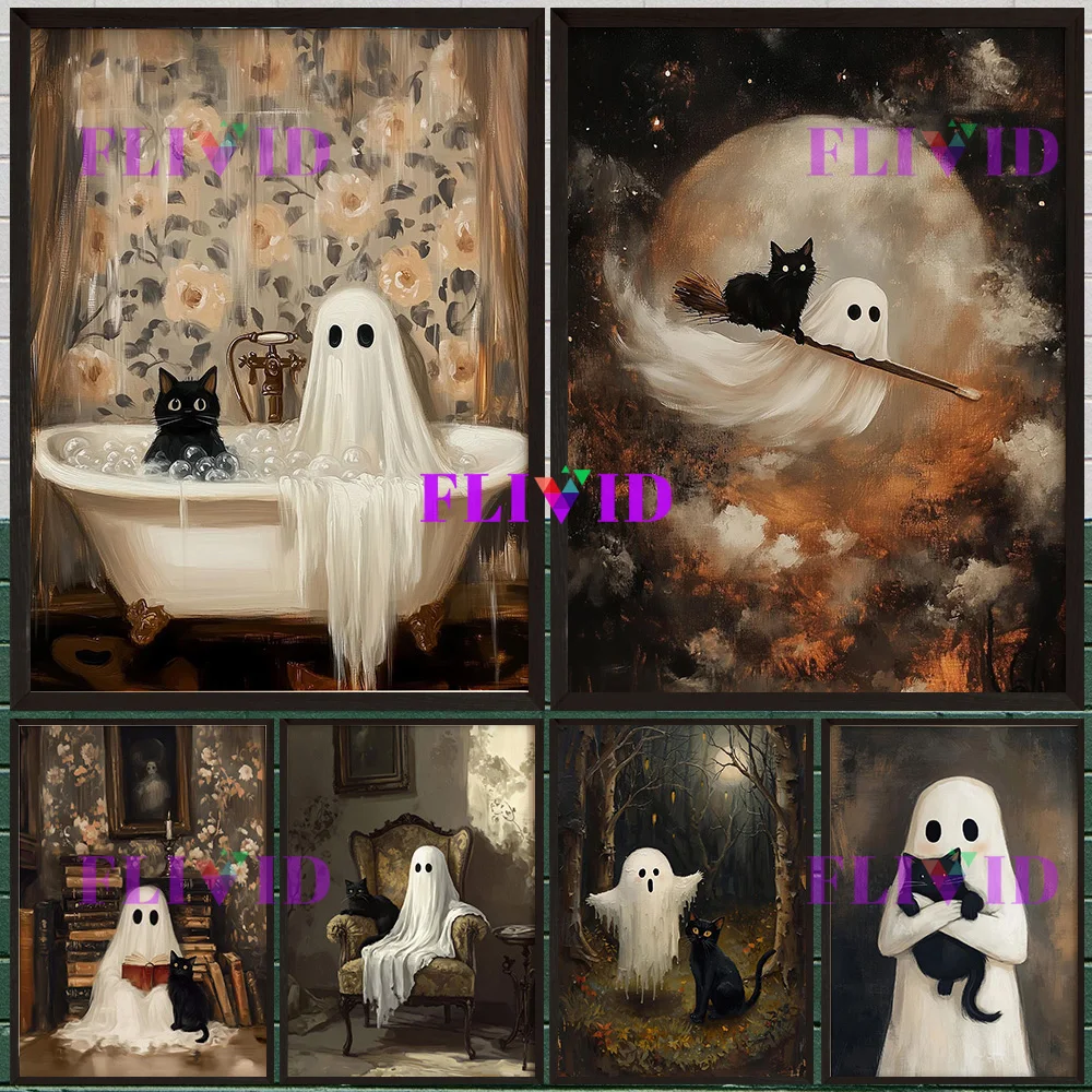 Ghost & Cat in Bathtub Print Halloween Picture Wall Art Canvas Painting Cute Spooky Decor Trendy Brooms Art Poster Print Decor