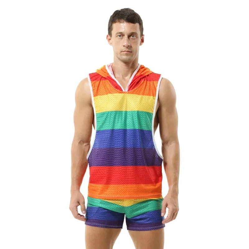 Rainbow Hooded Mens Vest V-neck Hollow Out Breathable Thin Sexy Sleeveless Loose T-shirt （Without shorts）