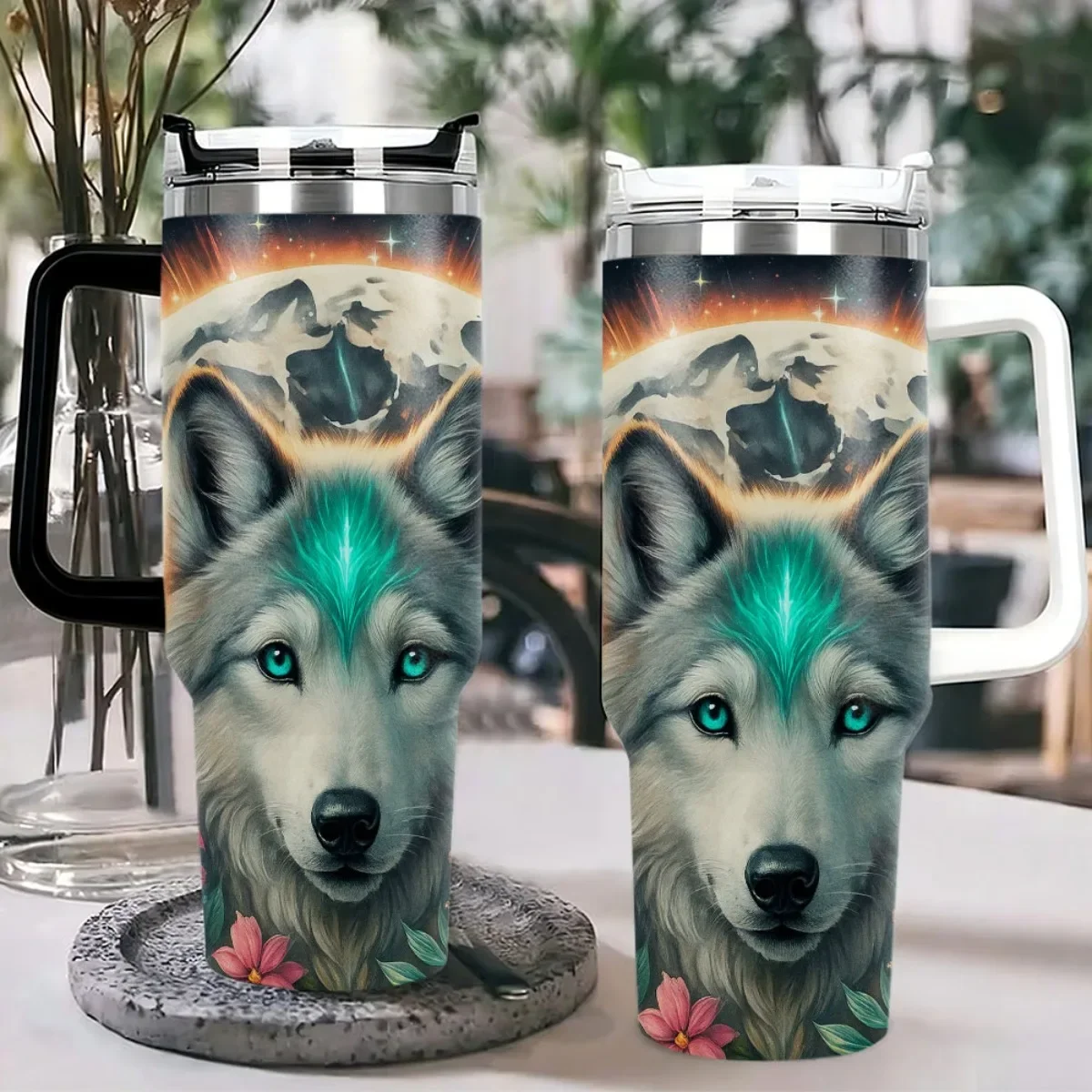 Single 40Oz Stainless Steel Travel Mug with 3Rd Generation Lid, Straw, And Cap - Insulated Tumbler Featuring Wolf And Butterfly Design for Both Hot And Cold Beverages, Reusable, Perfect for Birthday Or Holiday Gifts