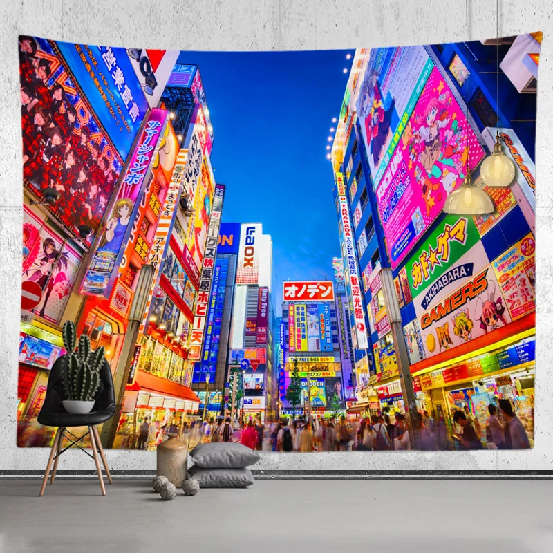 Tokyo Painting Metropolitan Nightlife Tapestry Japanese Wall Hanging Bedroom Home Decor Bohemian Decorative Hippie Printed Sheet