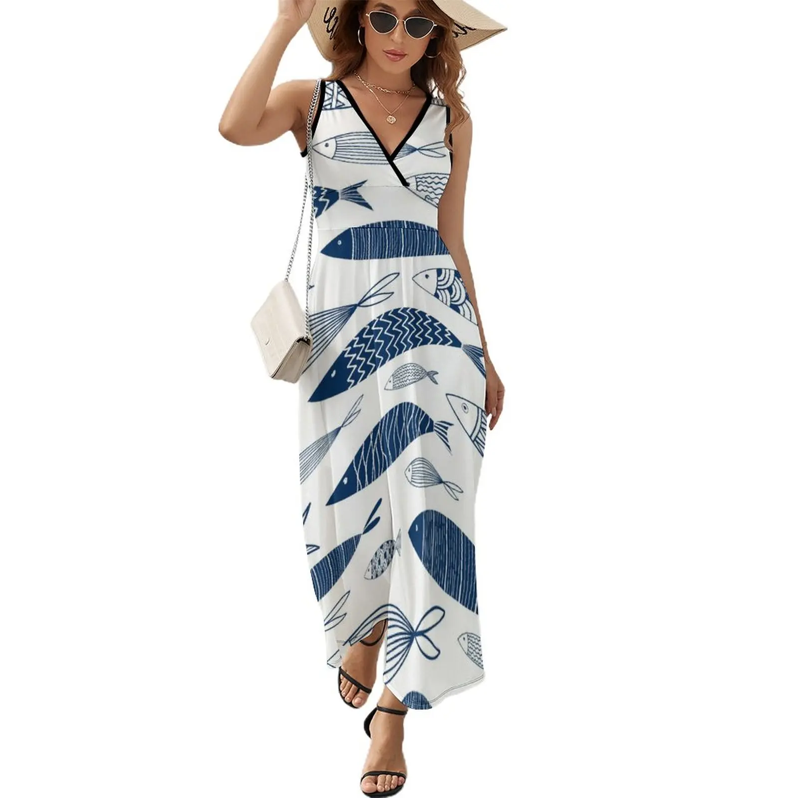 Fish Blue Dress Elegant Maxi Dress Street Wear Bohemia Long Dresses High Waist Design Oversized Clothing