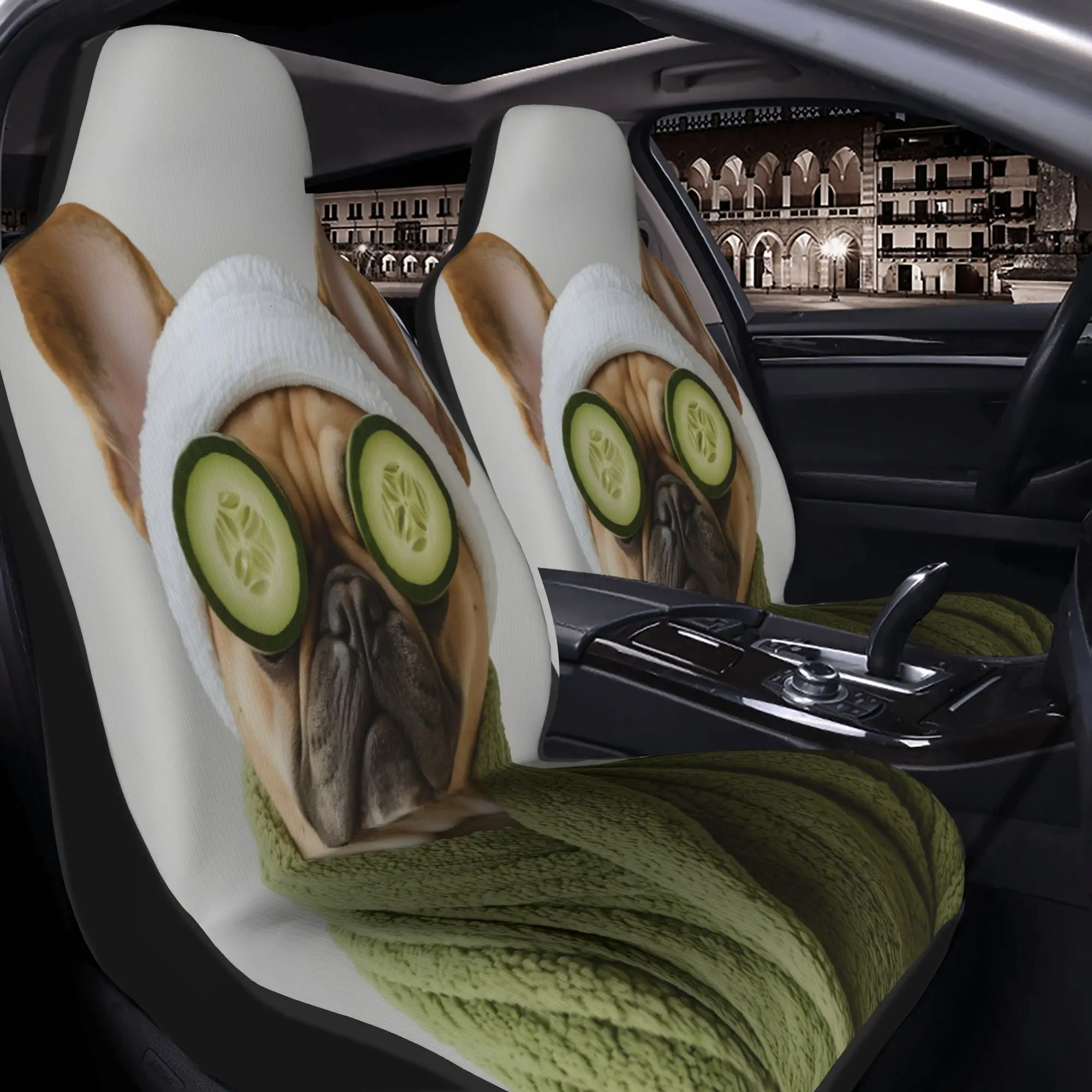 2pcs French Bulldog With Cucumber Slices On Eyes And Green Bathrobe, Spa Day VibeCar Seat Covers, Suitable For All Vehicles, Chr