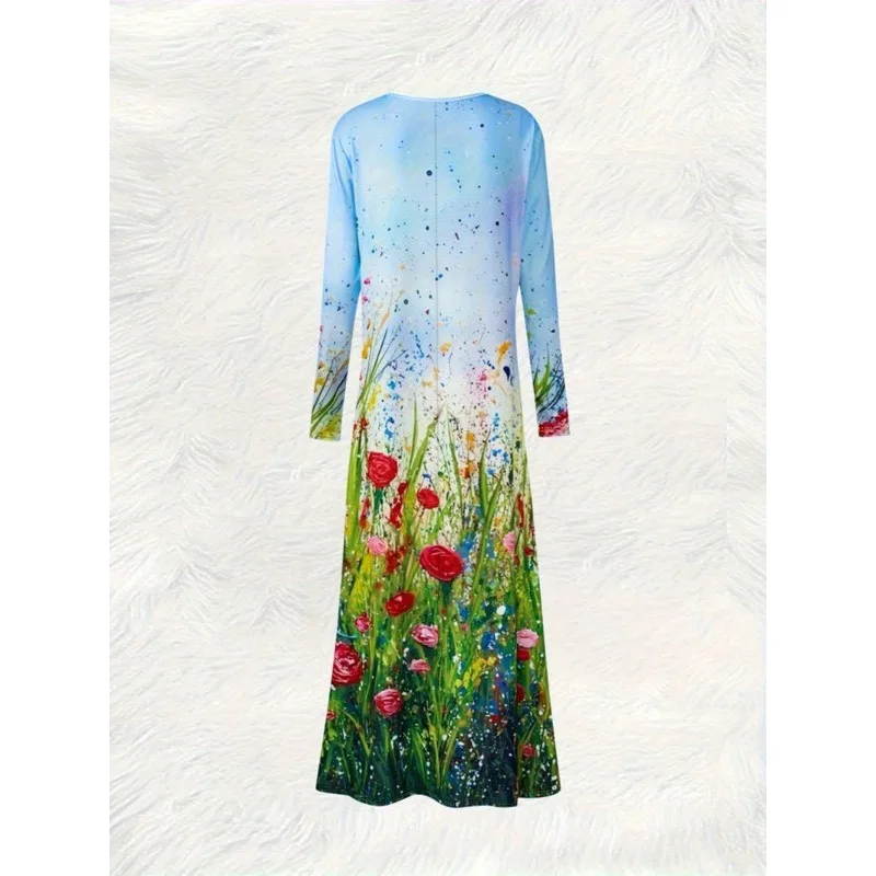 Spring and summer new elegant casual floral print temperament long-sleeved dress fashionable loose ankle round neck dress