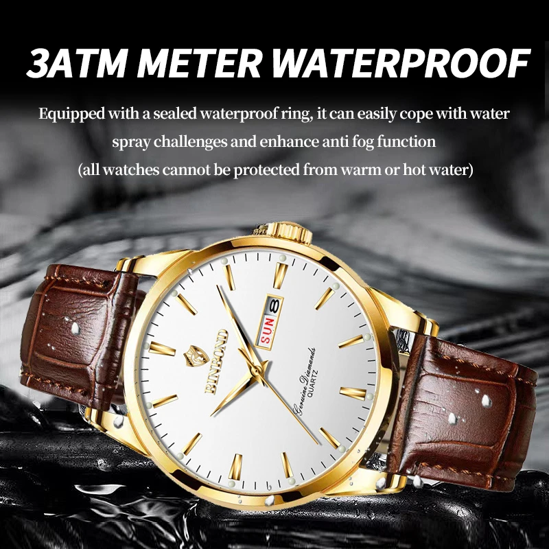 BINBOND Luxury Quartz Man Wristwatch Sport Men Watches Waterproof Luminous Date Week Real Leather Men\'s Watch Male Reloj + box