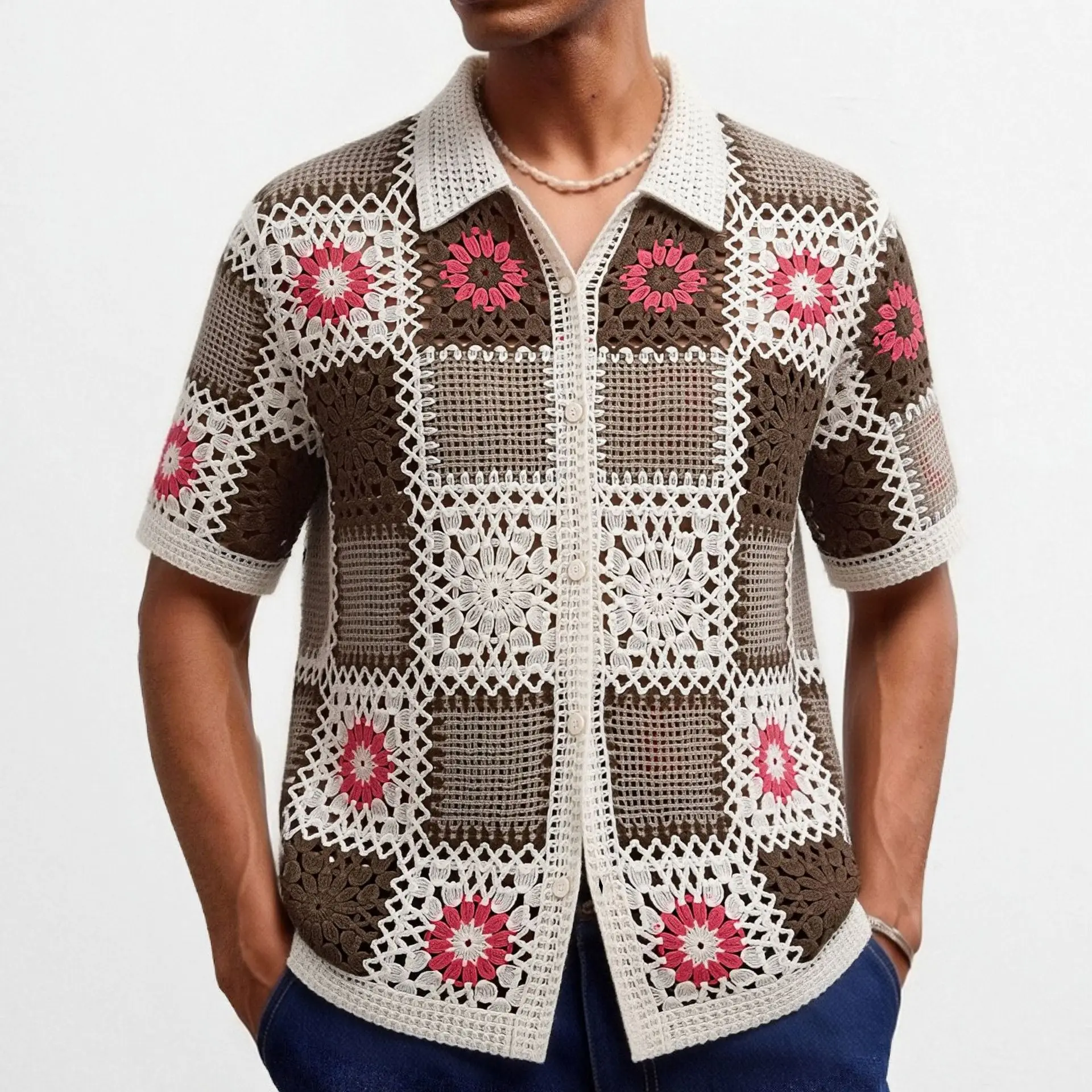 Men's American Geometric Splicing Hollow Crochet Knitted Sweater Short-sleeved Water-soluble Cardigan POLO Shirt Men's