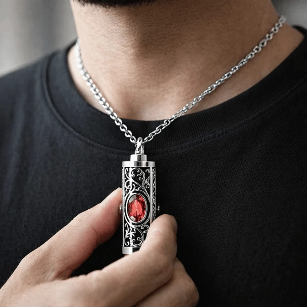 Crystal Cremation Urn Necklace Cylinder Birthstone Memorial Pendant Keepsake Retro Style Cremation Jewelry Pet Ashes