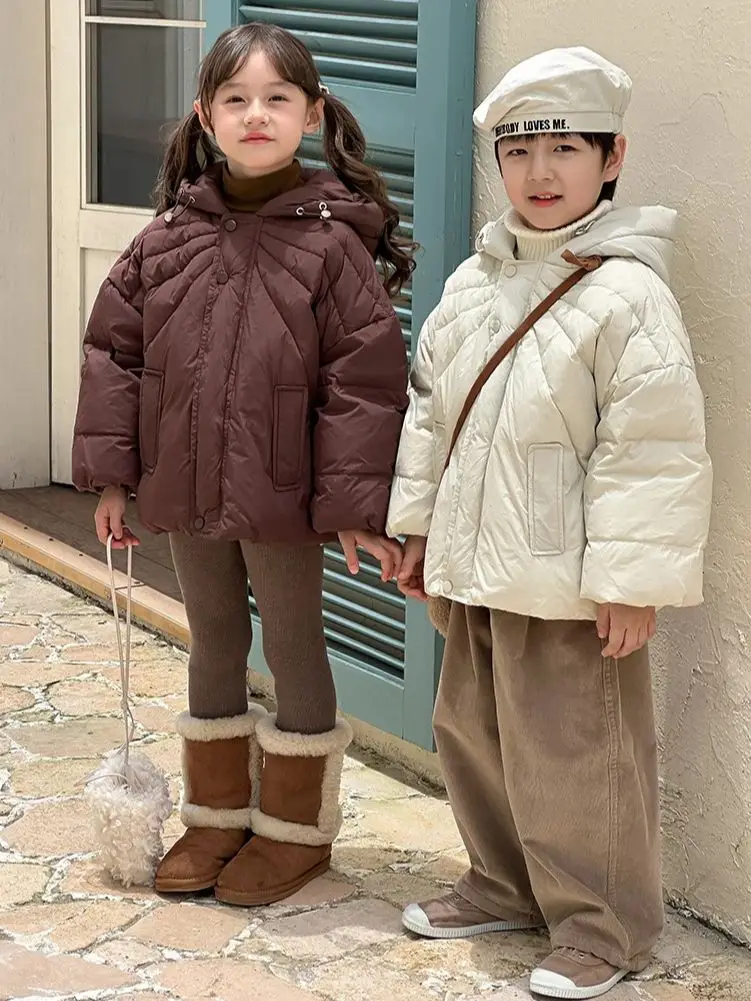 Boys Girls Down Jackets Winter Korean Style Simple Solid Color Zipper Hooded Coat 3-8 Years Old Children Warm Outerwear