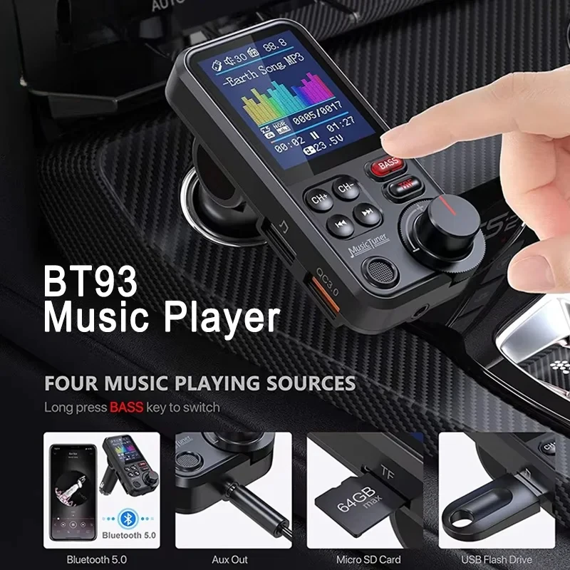 

BT93 Беспроводной автомобильный Bluetooth FM-передатчик Aux Поддержка QC3.0 Зарядка Treble и Bass Sound Музыкальный плеер Чистое воспроизведение