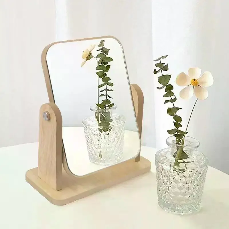 

1PC Wooden Vanity Mirror Clear Personal Use Stand Angle Adjustable Makeup Base Desktop Portable Counter-top Mirror Bath Gift