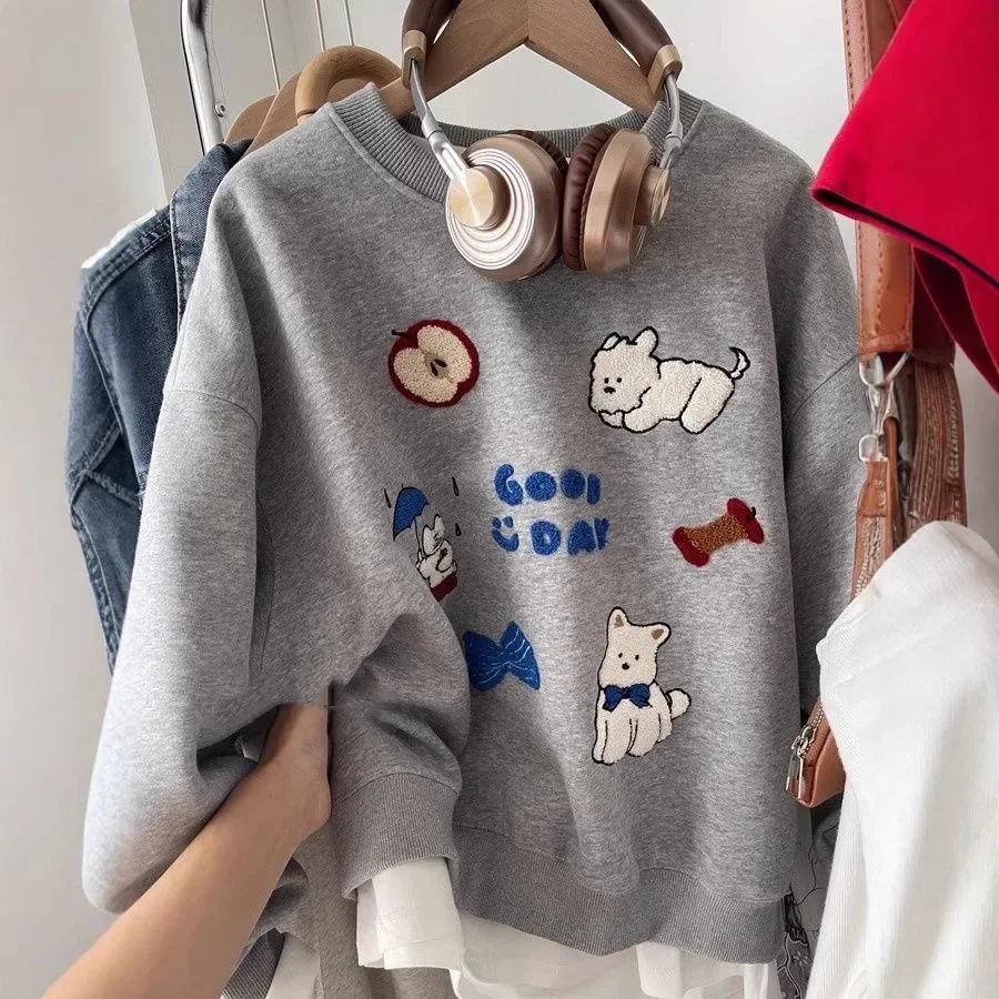 New Style Korean Embroidery Flocking Bow Small Dog Loose Fit Versatile Round Neck Sweatshirt Women's Fleece-Lined And Thickened 