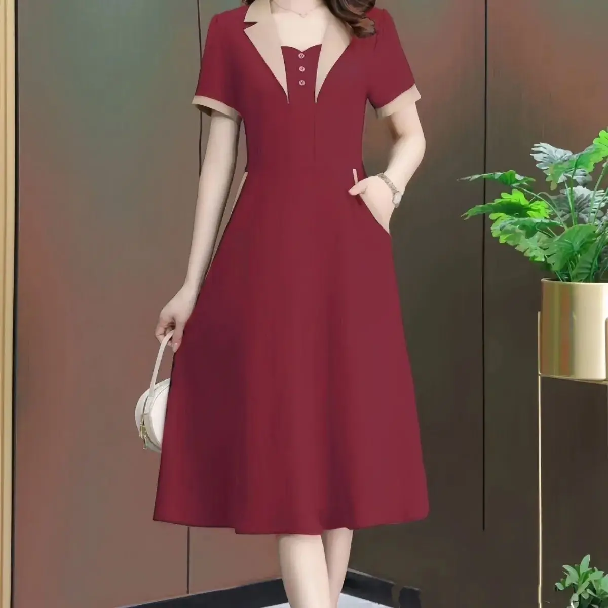 Modieuze effen kleur jurk in Chinese stijl Nieuwe stijl taille-knuffelende en afslankende zomerrok