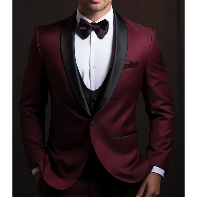 Elegant 3 Piece Jacket Pants Burgundy Blazer and Pants Black Vest Shawl Lapel Single Breasted Wedding Outfits Costume Homme Slim