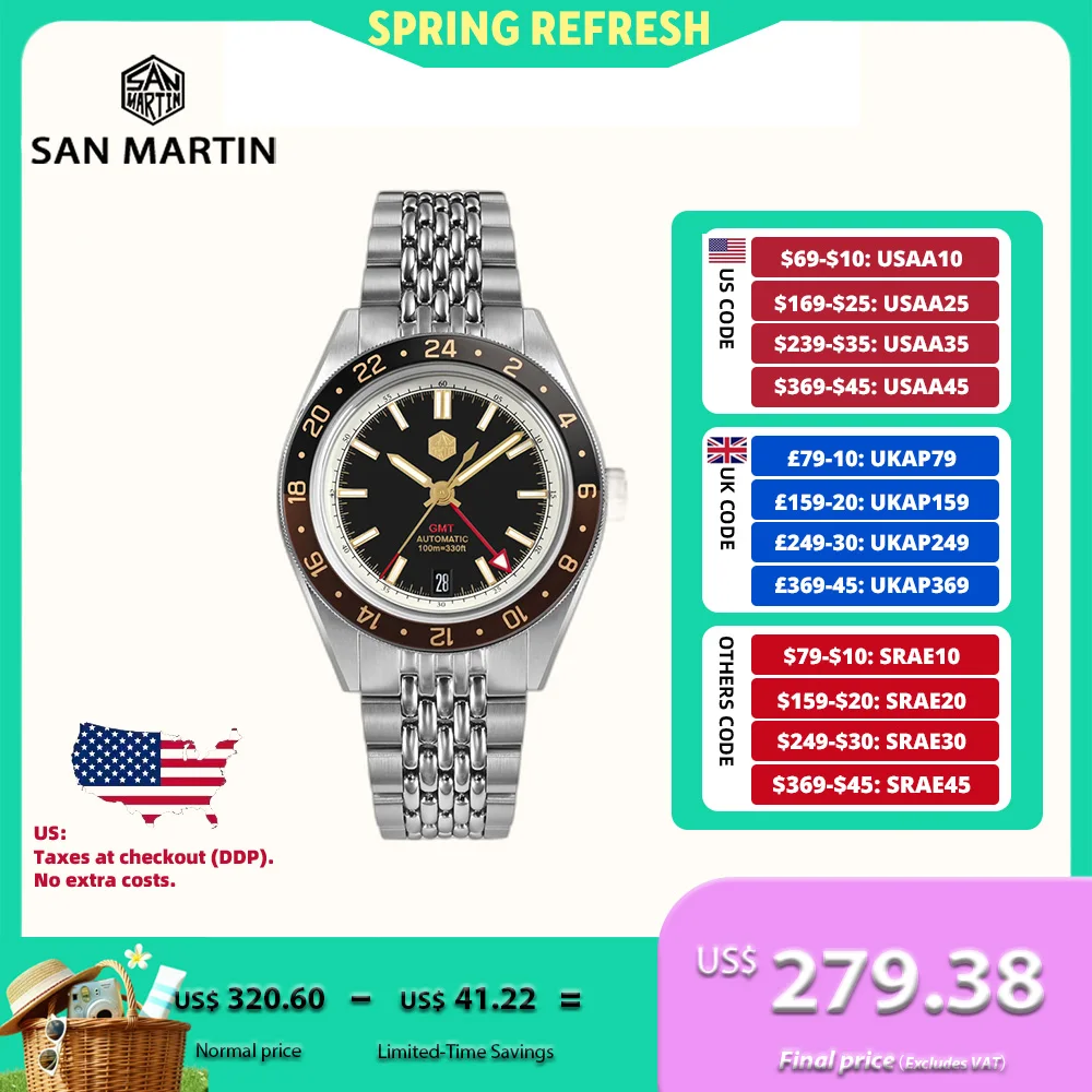 

San Martin 39.5mm Limited Edition Full Lume Dial Automatic Mens Watch NH34 GMT 6H Date 10Bar Luxury Kol Saati SN0116W