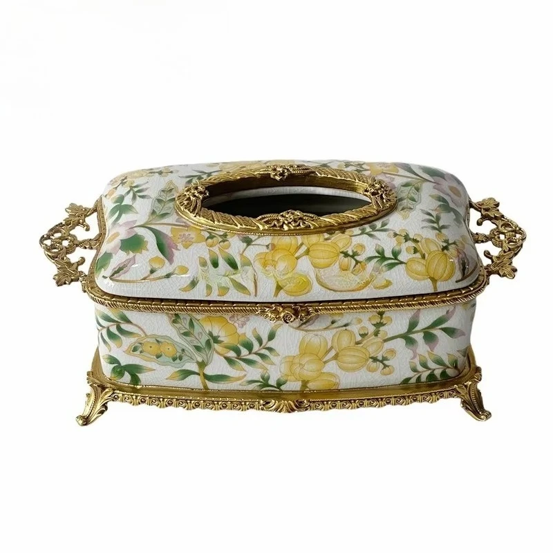 Antique Luxury Yellow Floral Pattern Porcelain Napkin Holder Gold Brass Metal Decorative Tissue Box Living Room Home Decor
