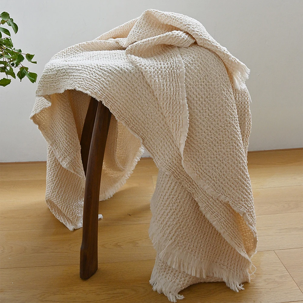 100% Cotton Waffle Weave Throw Fringed Decor Blanket for Couch & Office | Lightweight Summer & Nap Blanket | All-Season Comfort